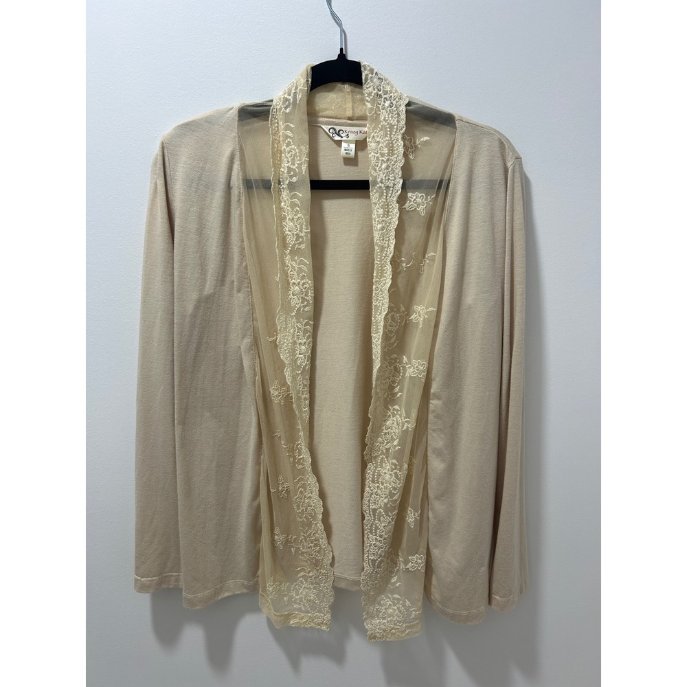 Krazy Kat Womens Beige Floral Embroidered Mesh Lace Open Front Cardigan Small